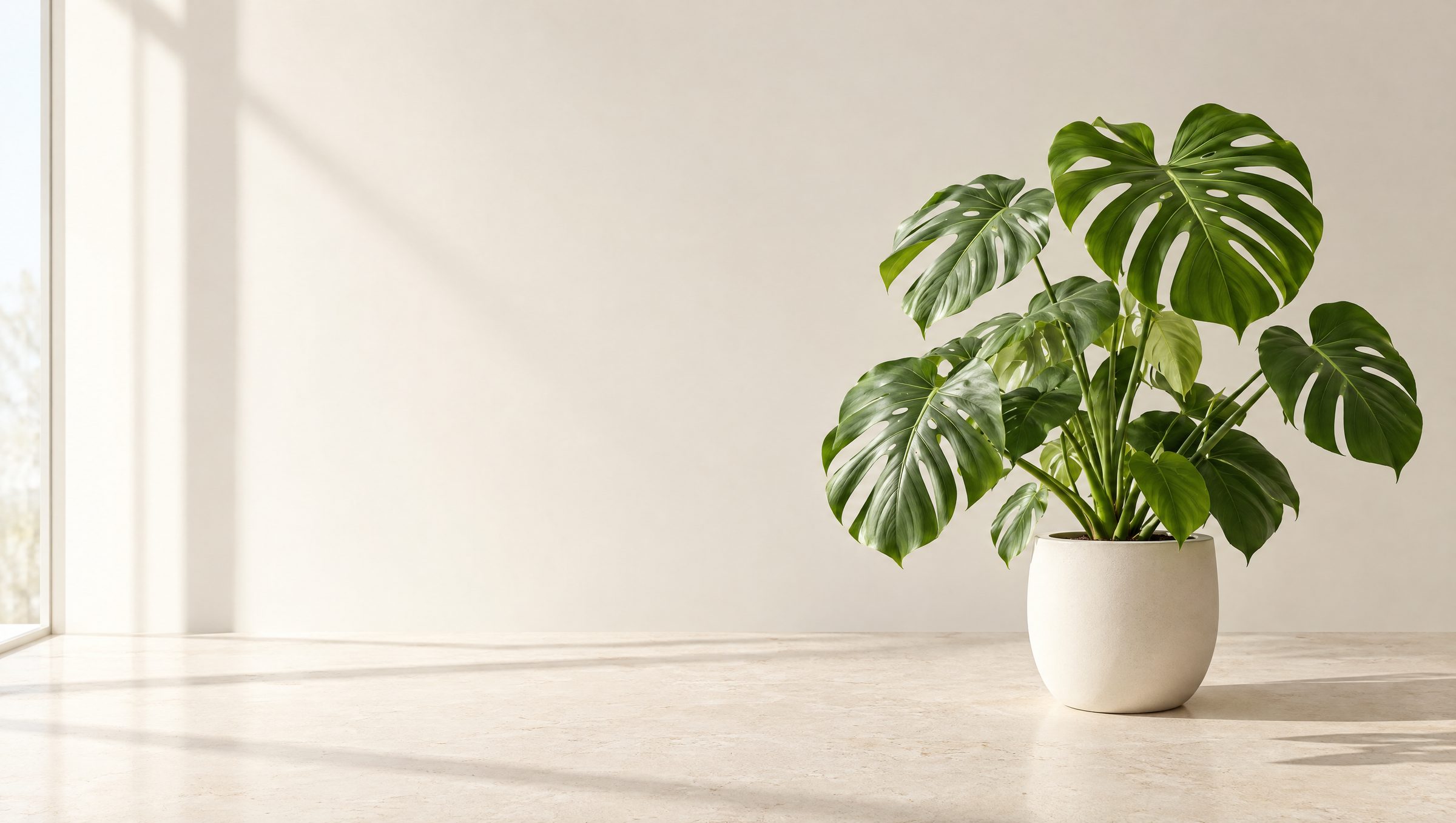 A healthy Monstera in a white ceramic pot in soft morning light