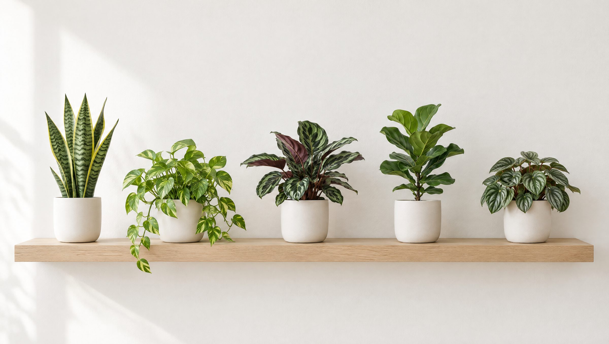 A shelf of healthy houseplants in matching pots